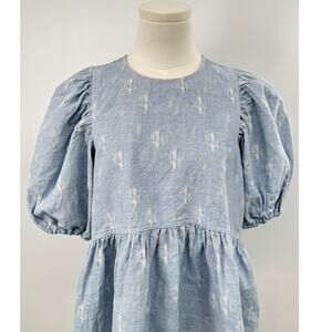 Hunter Bell Harlow Blue Linen Chambray Puff Sleeve Top Ikat Ruffle Blouse L